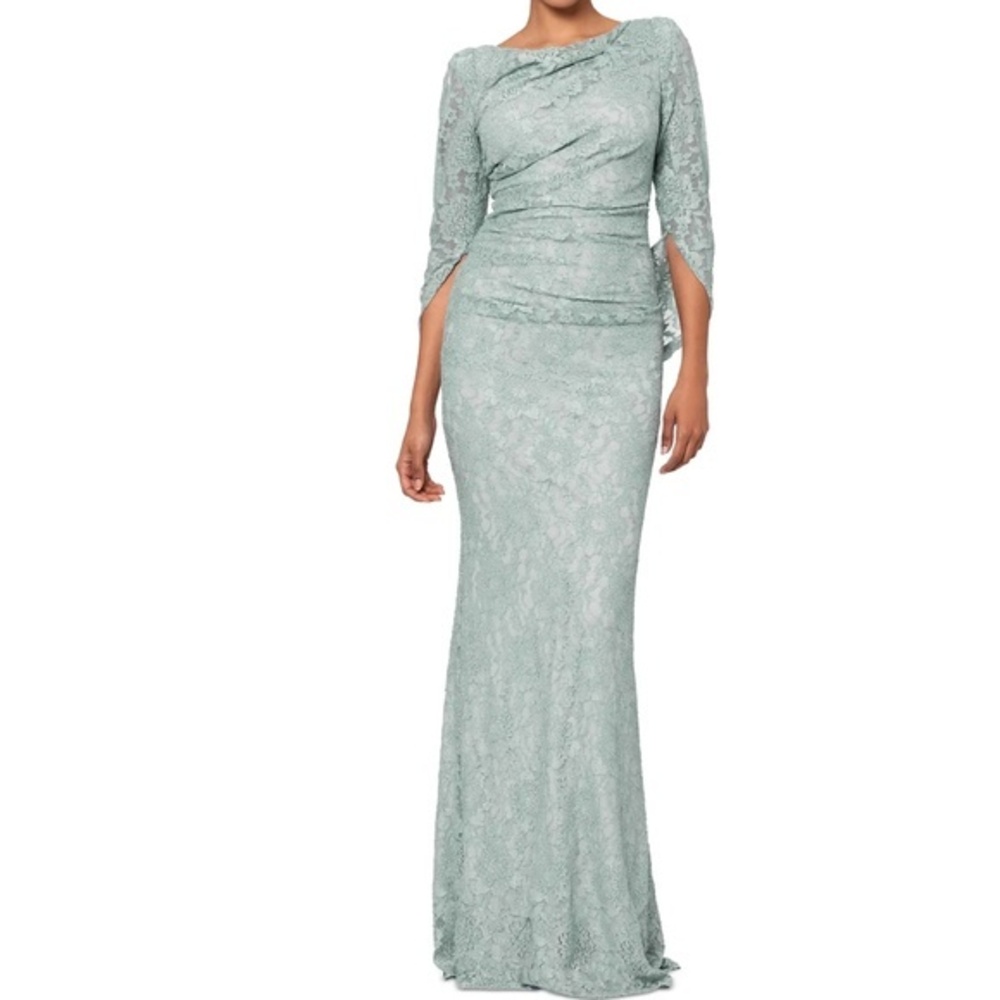 Betsy Adam - Caplet Cape-Sleeve Lace Gown